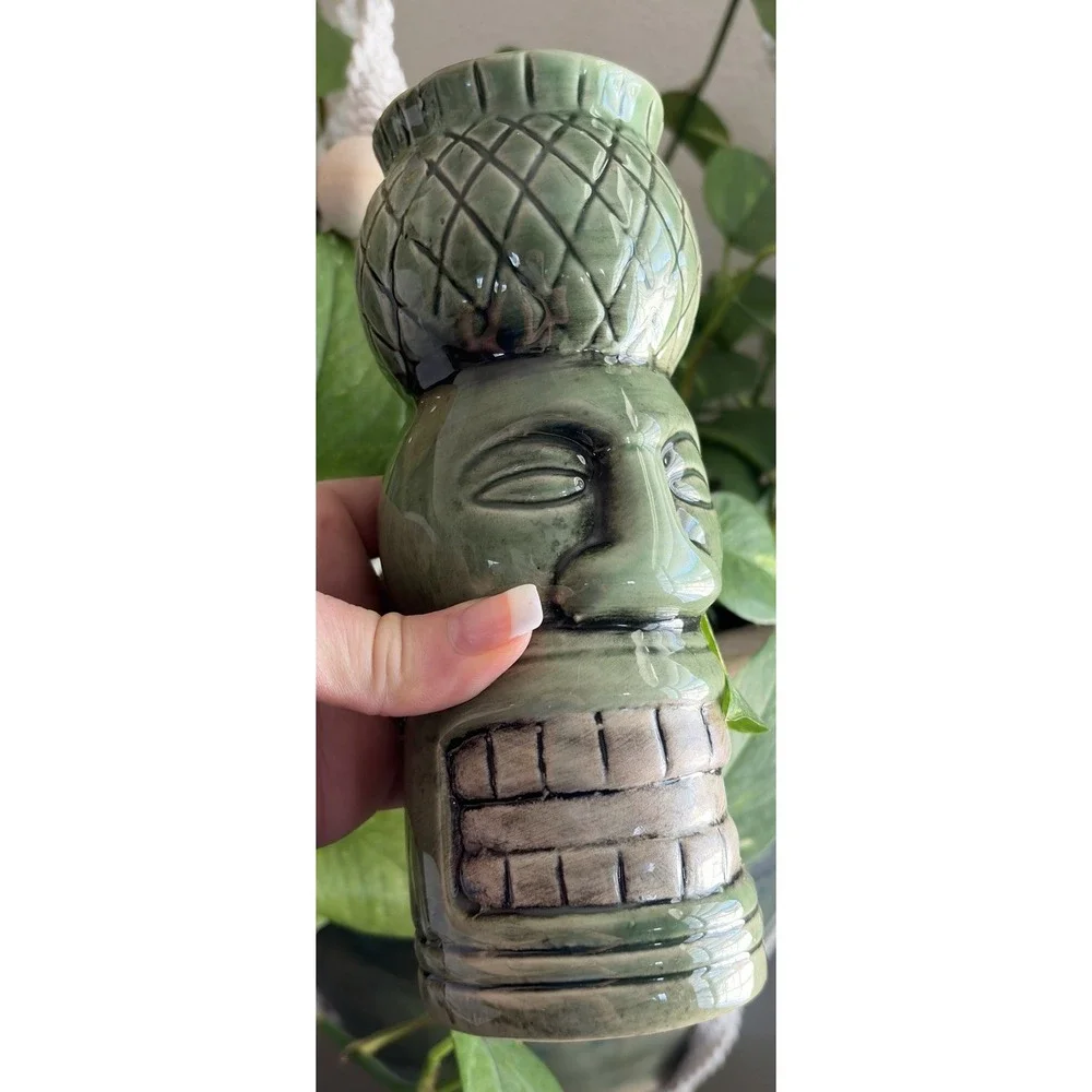 Tiki Lin Hawaiian Green Ugly Face Teeth Ceramic Cocktail Bar Vase Polynesian